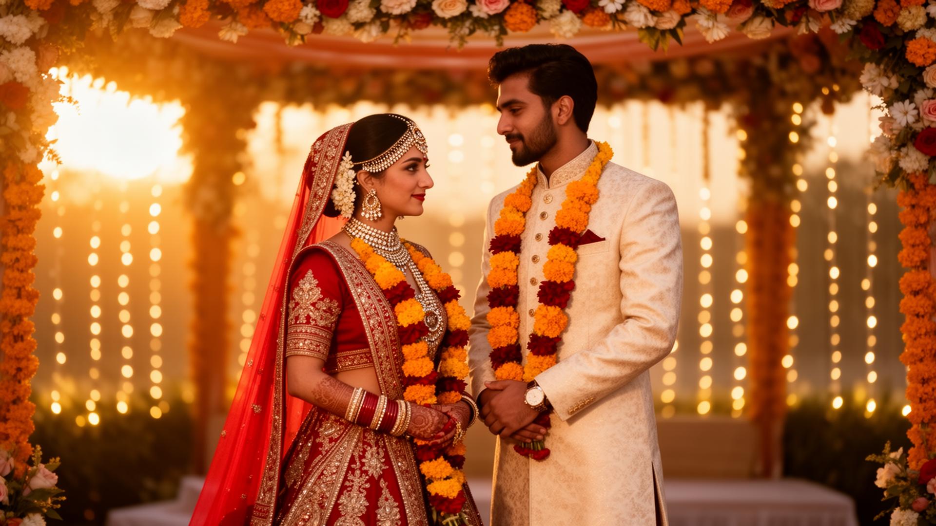 Joyful Punjabi bride and groom in traditional maroon and gold wedding attire